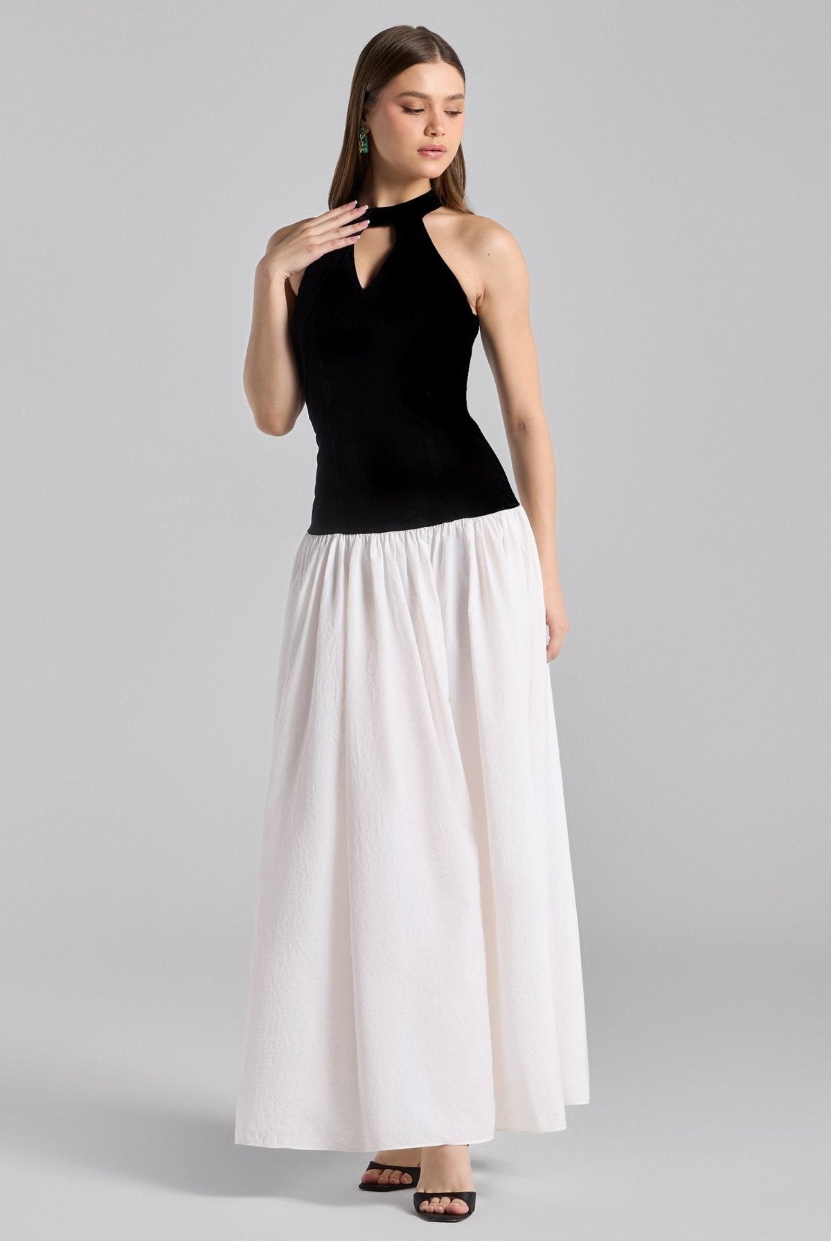 Velvet-Taffeta Halter Dress - shopaleena