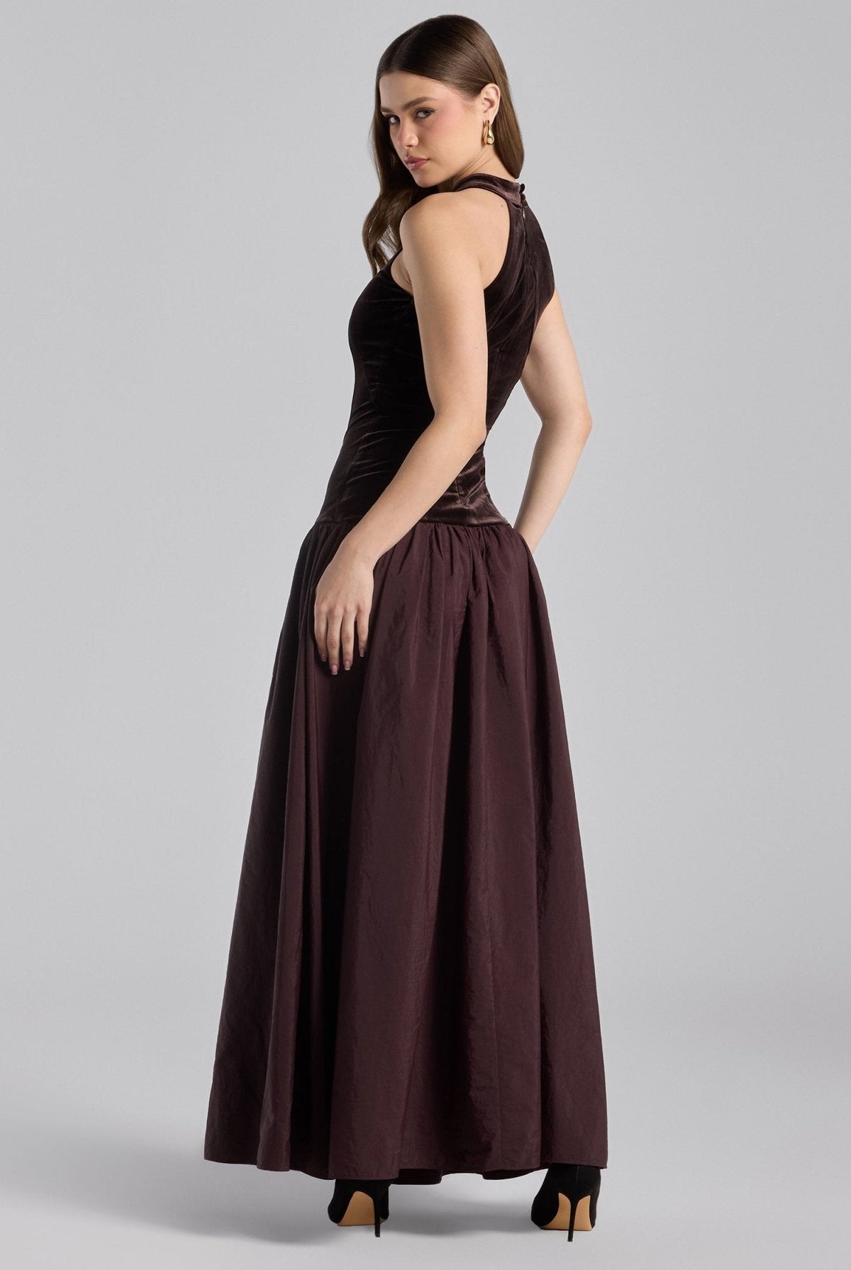 Velvet-Taffeta Halter Dress - shopaleena