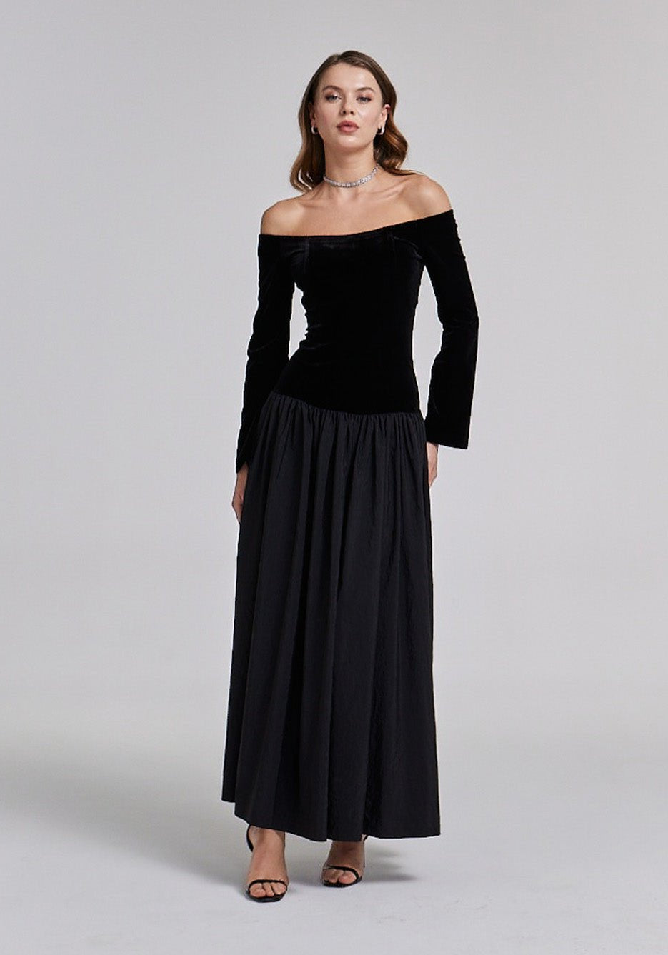 Velvet - Taffeta Off Shoulder A - line Dress - shopaleena