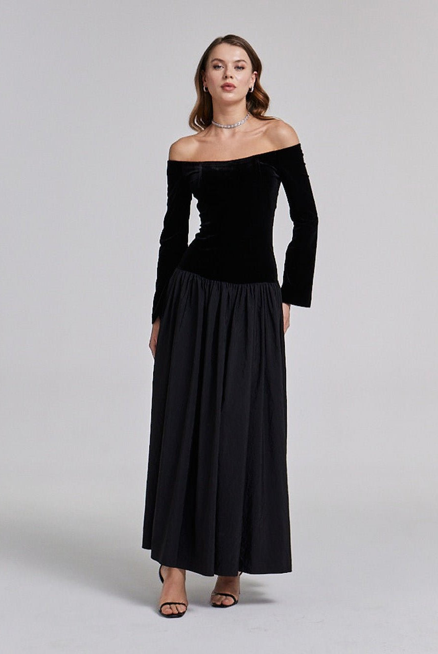 Velvet - Taffeta Off Shoulder A - line Dress - shopaleena