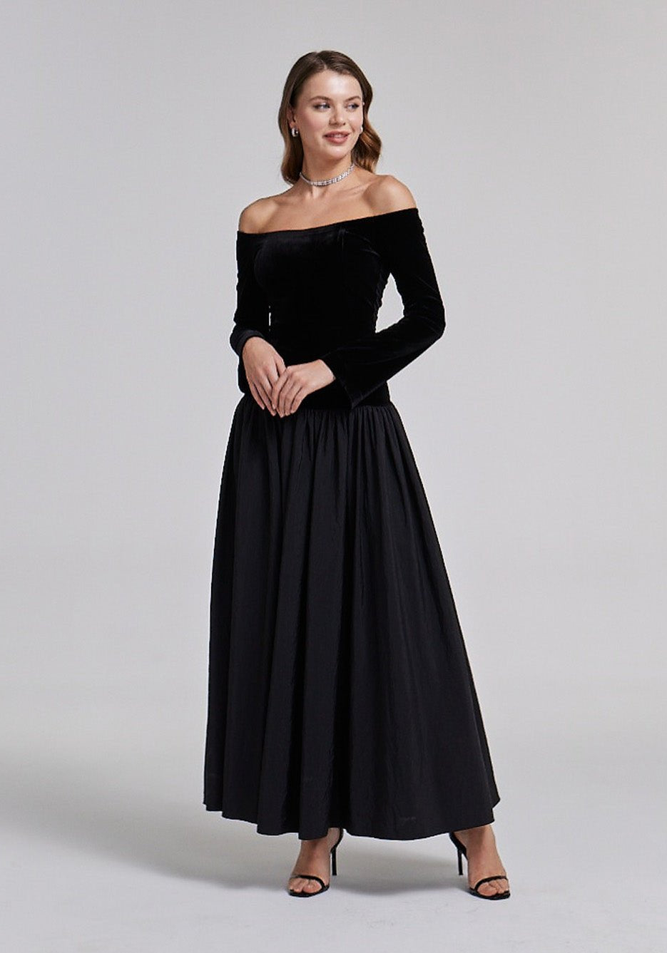 Velvet - Taffeta Off Shoulder A - line Dress - shopaleena