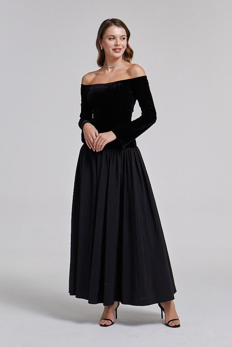 Velvet - Taffeta Off Shoulder A - line Dress - shopaleena