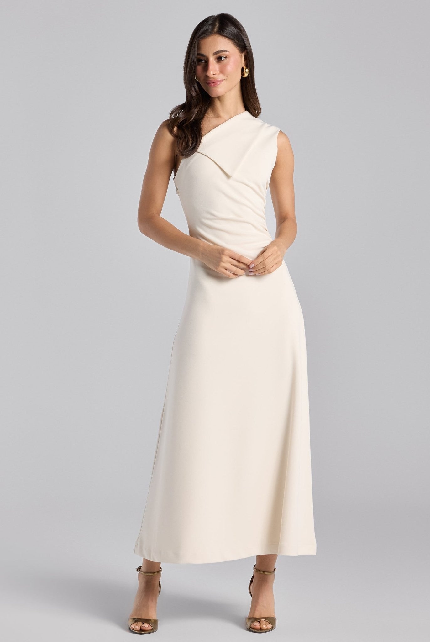White Asymmetric Folded Neck Crepe Maxi Dress - shopaleena