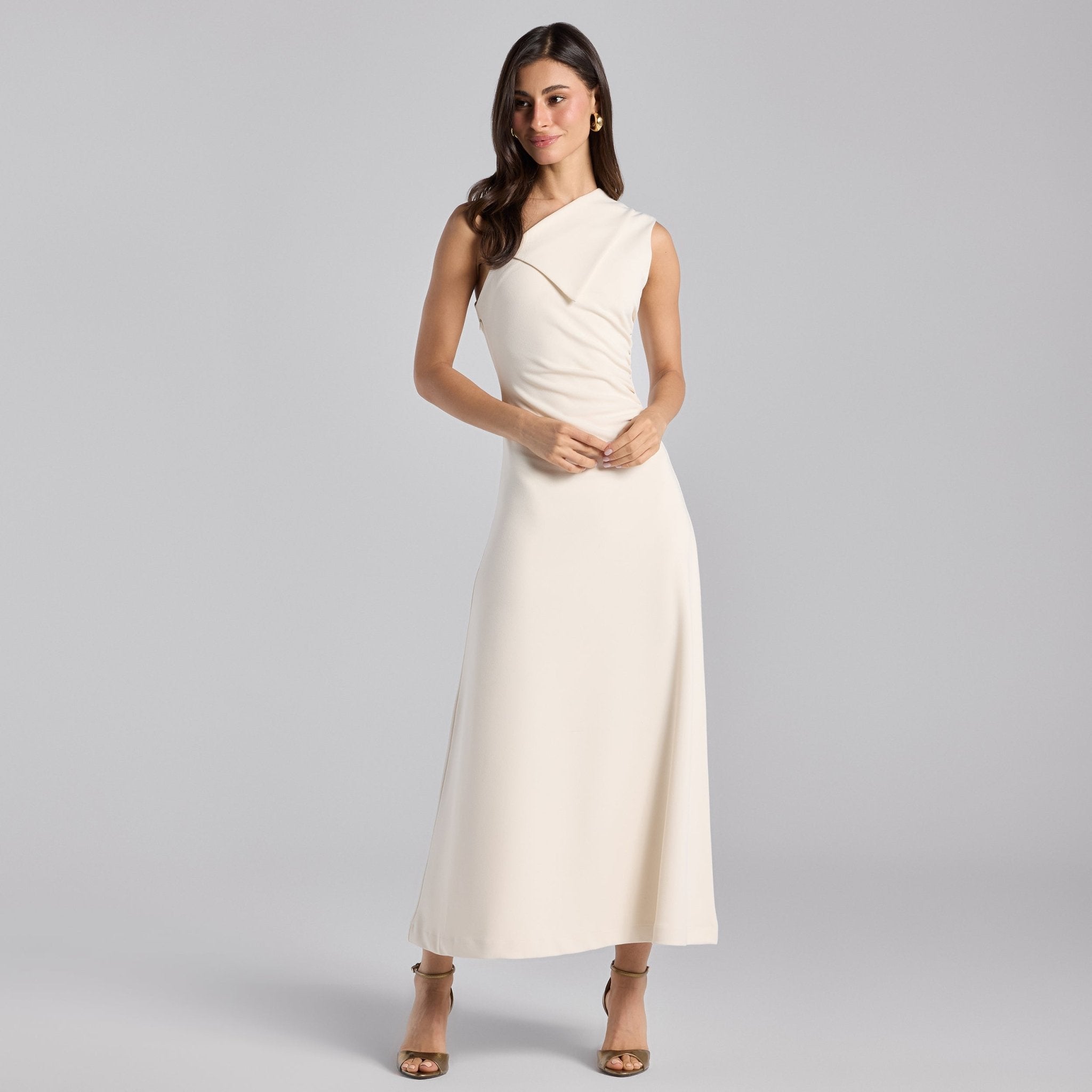 White Asymmetric Folded Neck Crepe Maxi Dress - shopaleena