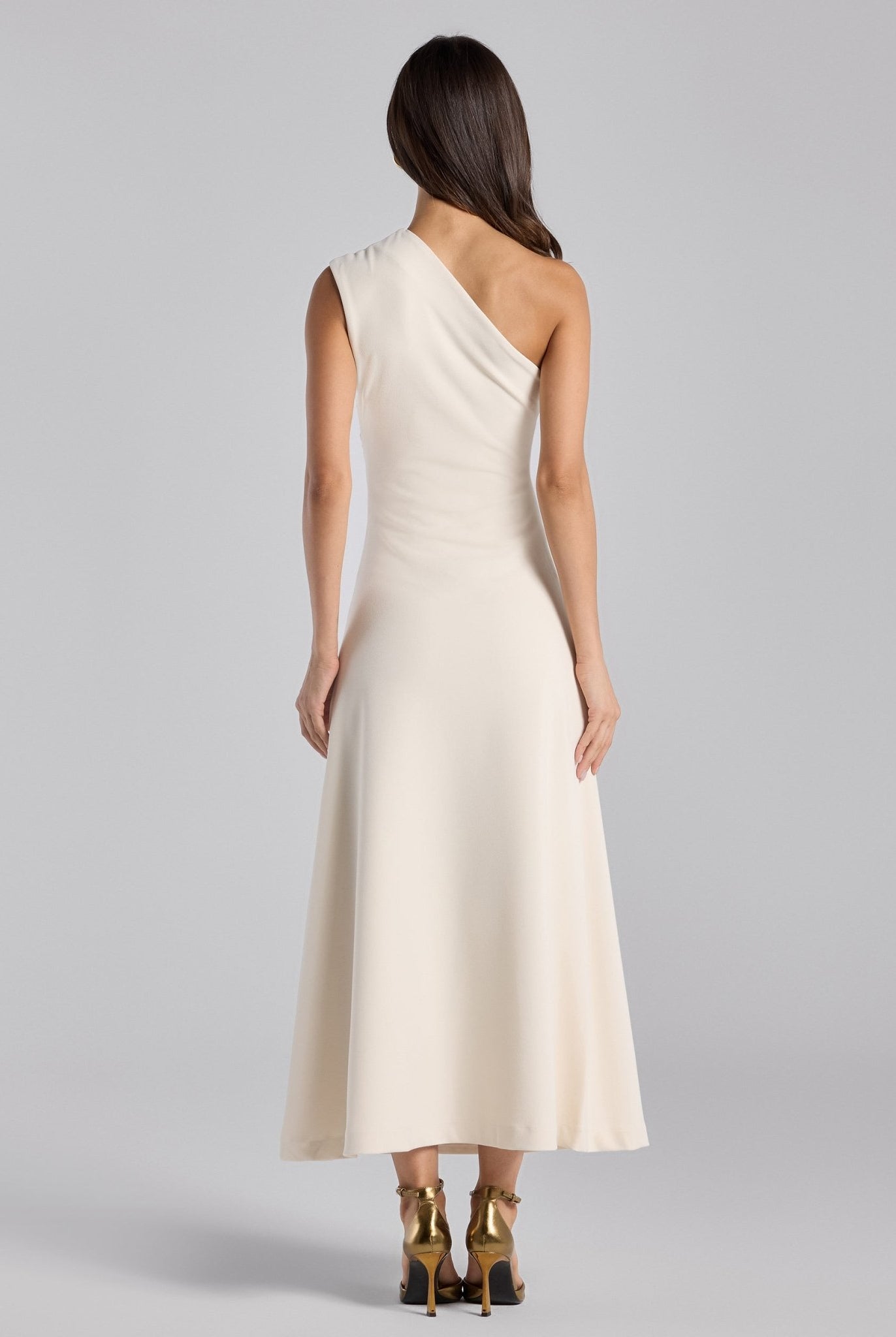 White Asymmetric Folded Neck Crepe Maxi Dress - shopaleena