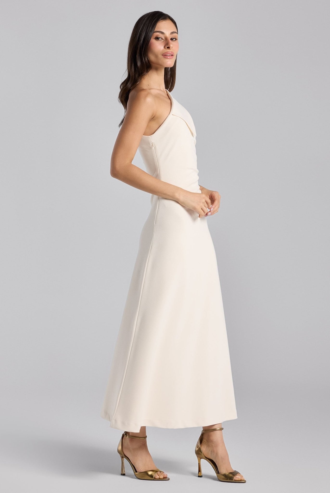 White Asymmetric Folded Neck Crepe Maxi Dress - shopaleena
