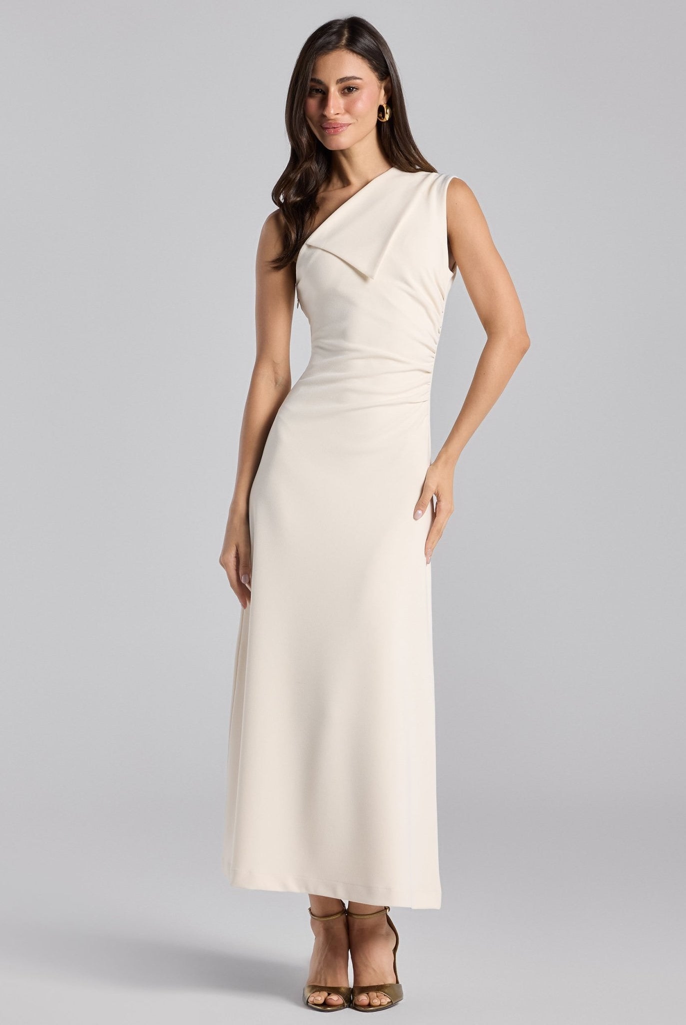White Asymmetric Folded Neck Crepe Maxi Dress - shopaleena