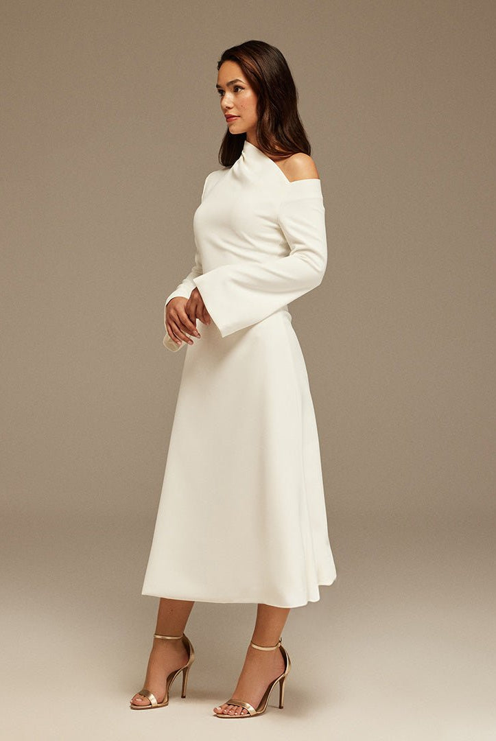 White Bare shoulder Crepe Midi dress - shopaleena