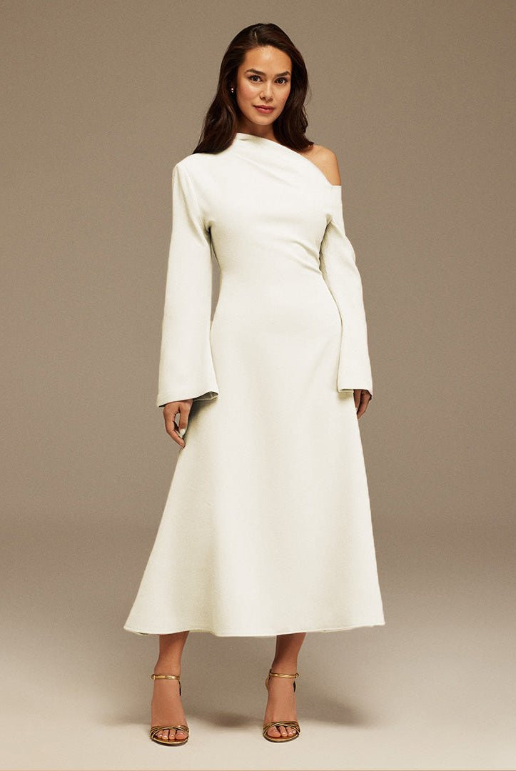 White Bare shoulder Crepe Midi dress - shopaleena