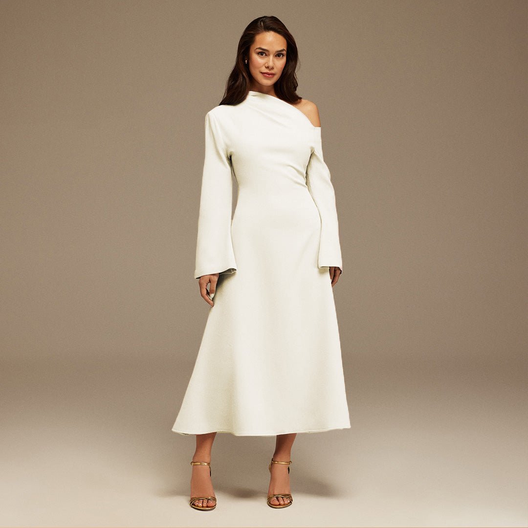 White Bare shoulder Crepe Midi dress - shopaleena