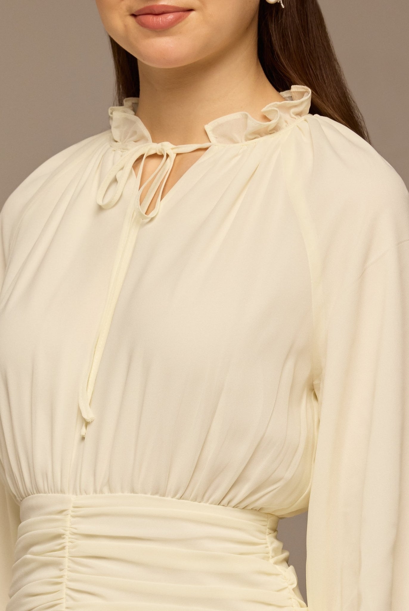 White Chiffon Long - Sleeve Gathered Dress - shopaleena