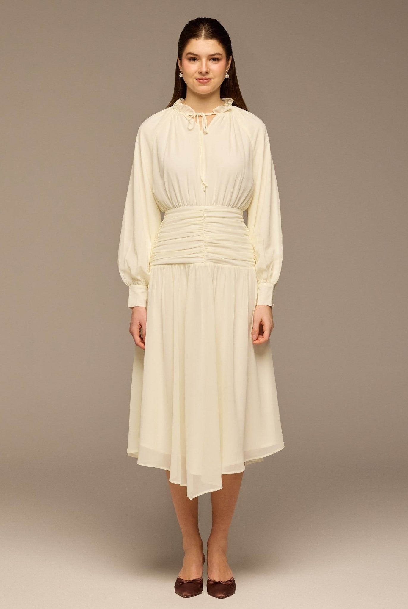 White Chiffon Long - Sleeve Gathered Dress - shopaleena