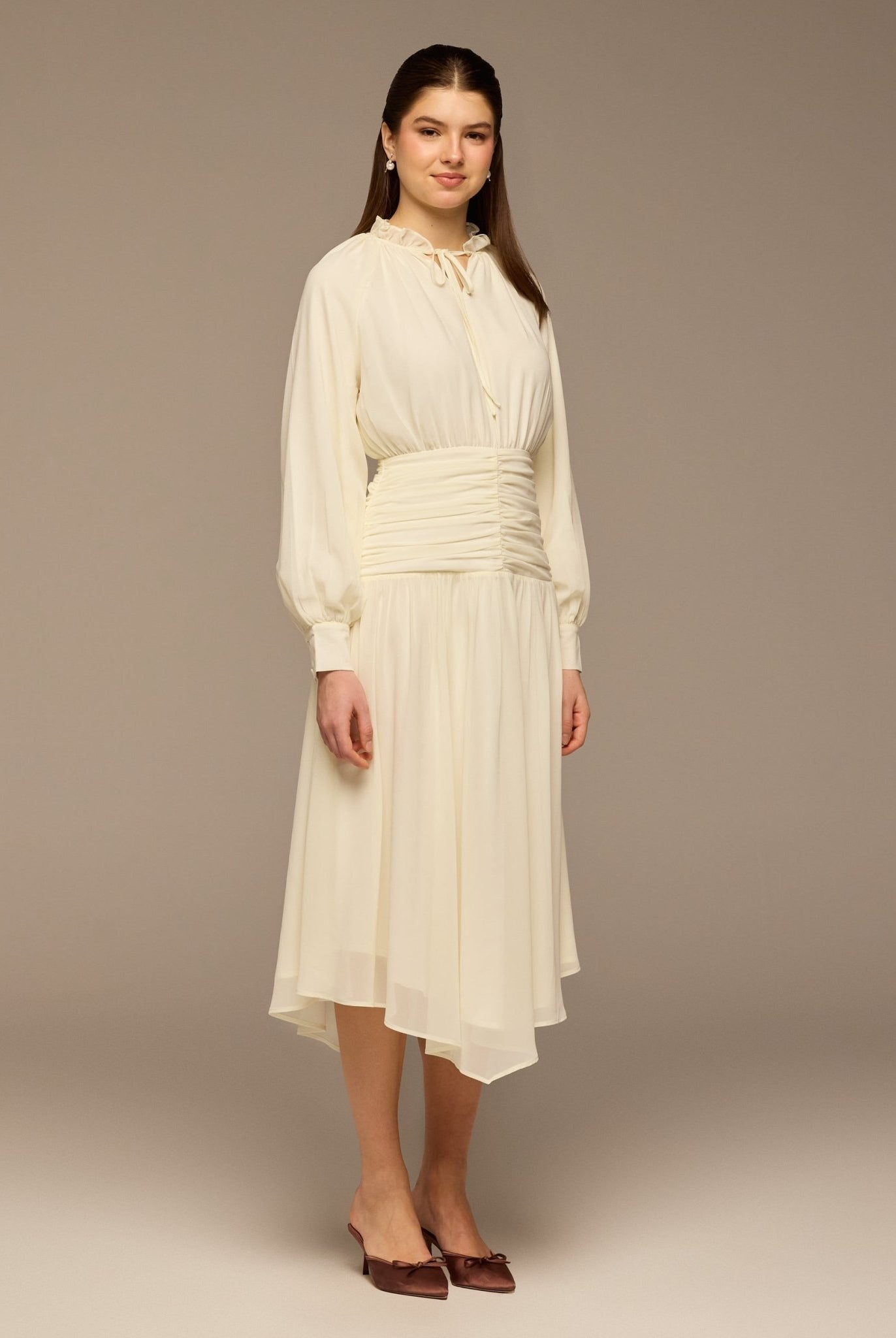 White Chiffon Long - Sleeve Gathered Dress - shopaleena