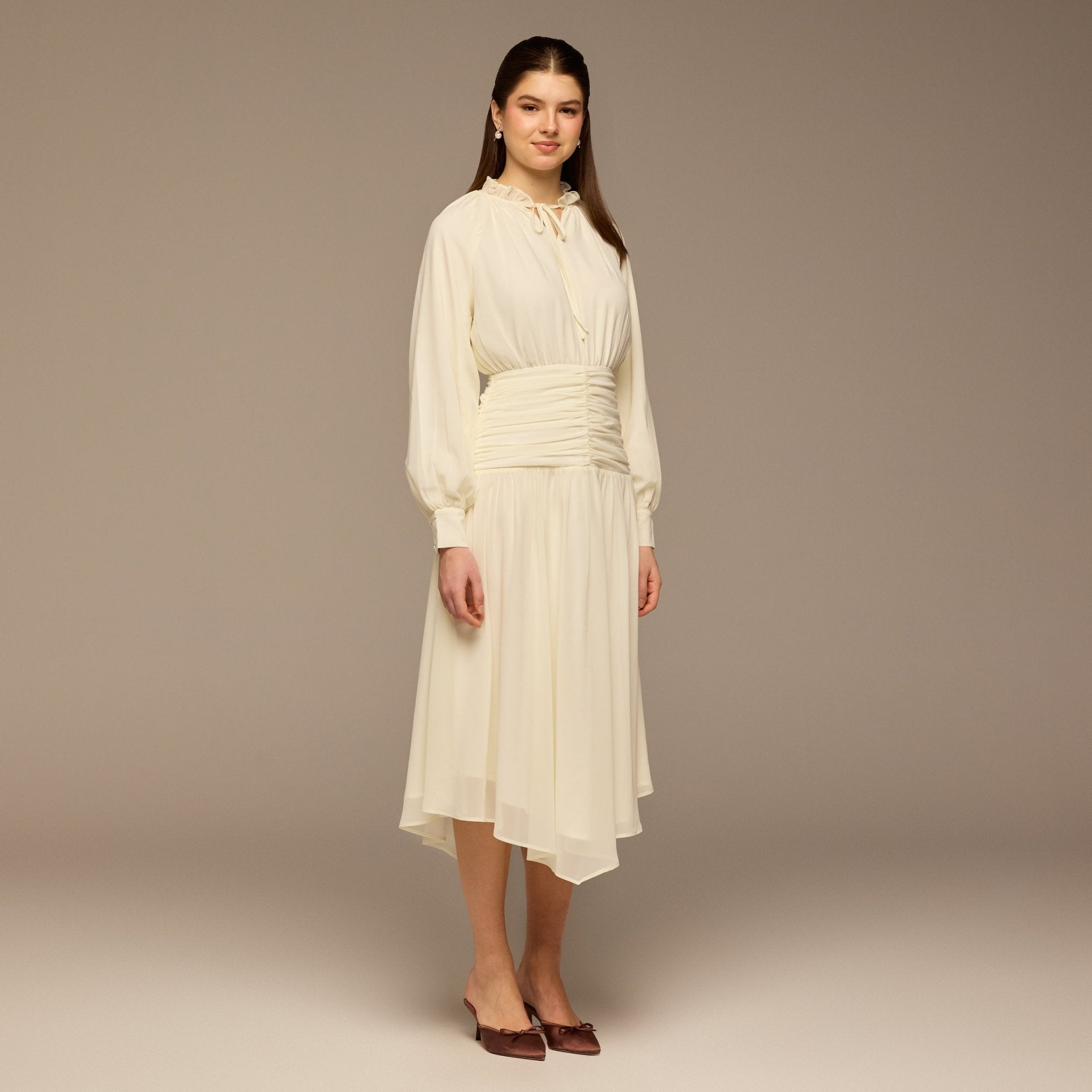 White Chiffon Long - Sleeve Gathered Dress - shopaleena