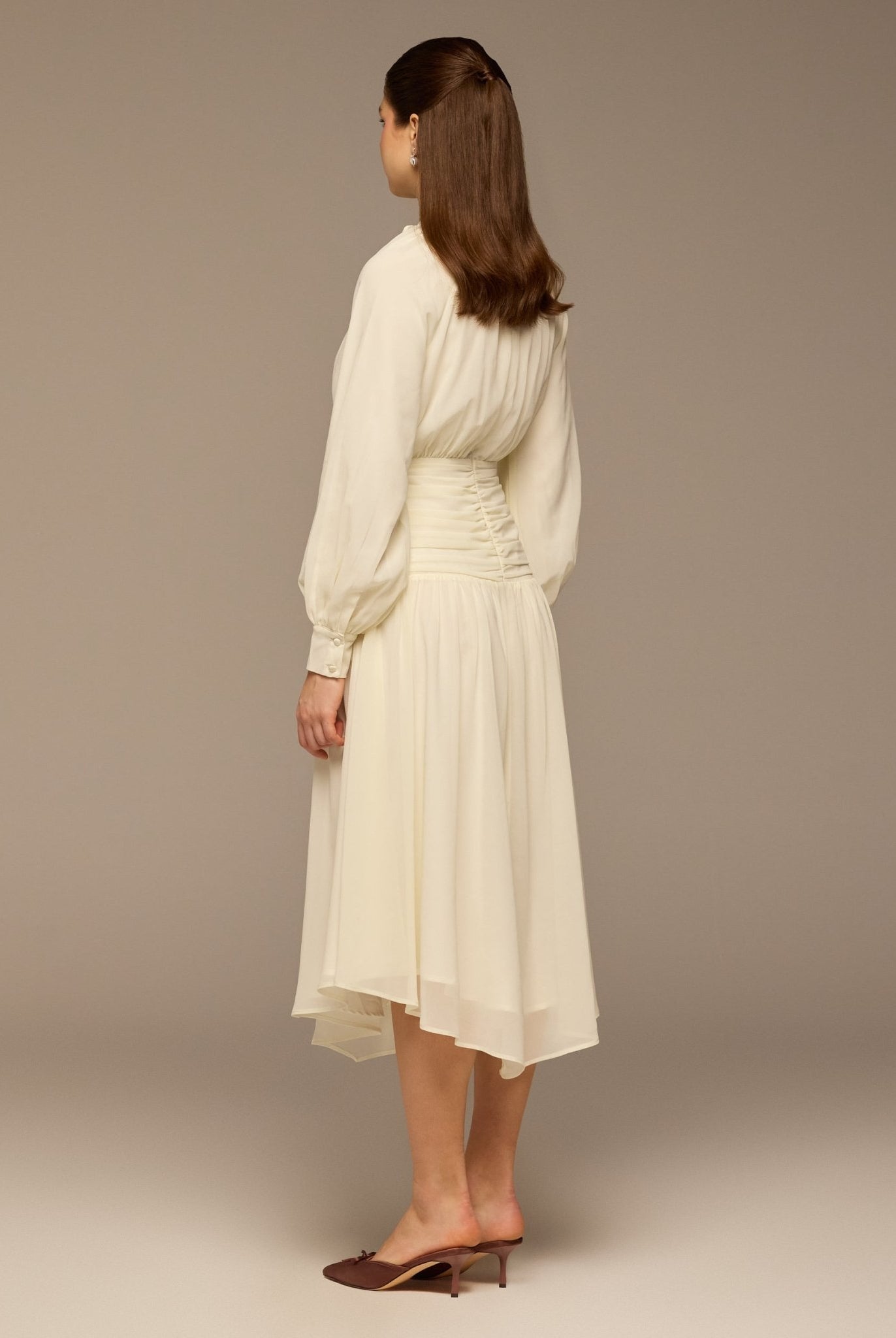 White Chiffon Long - Sleeve Gathered Dress - shopaleena