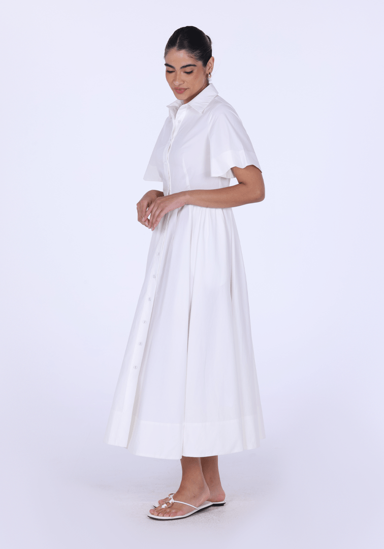 White Collard Cotton Long Aline Dress - shopaleena