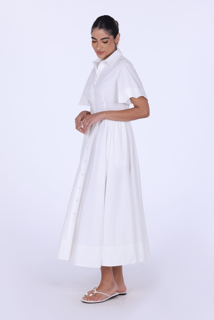 White Collard Cotton Long Aline Dress - shopaleena