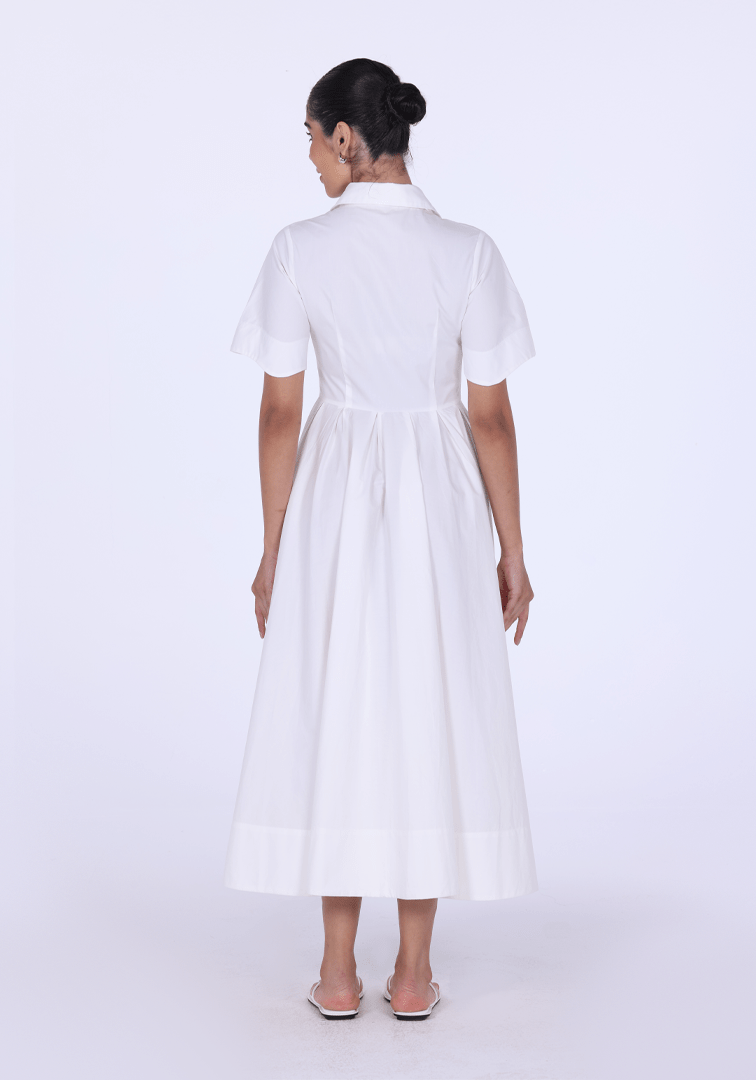 White Collard Cotton Long Aline Dress - shopaleena