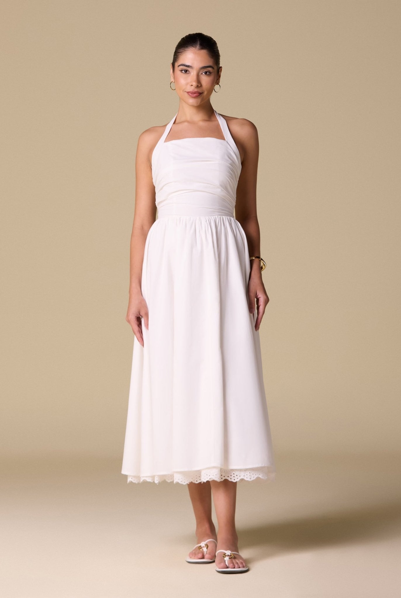 White Cotton Printed Lace Trim Halter Midi Dress - shopaleena