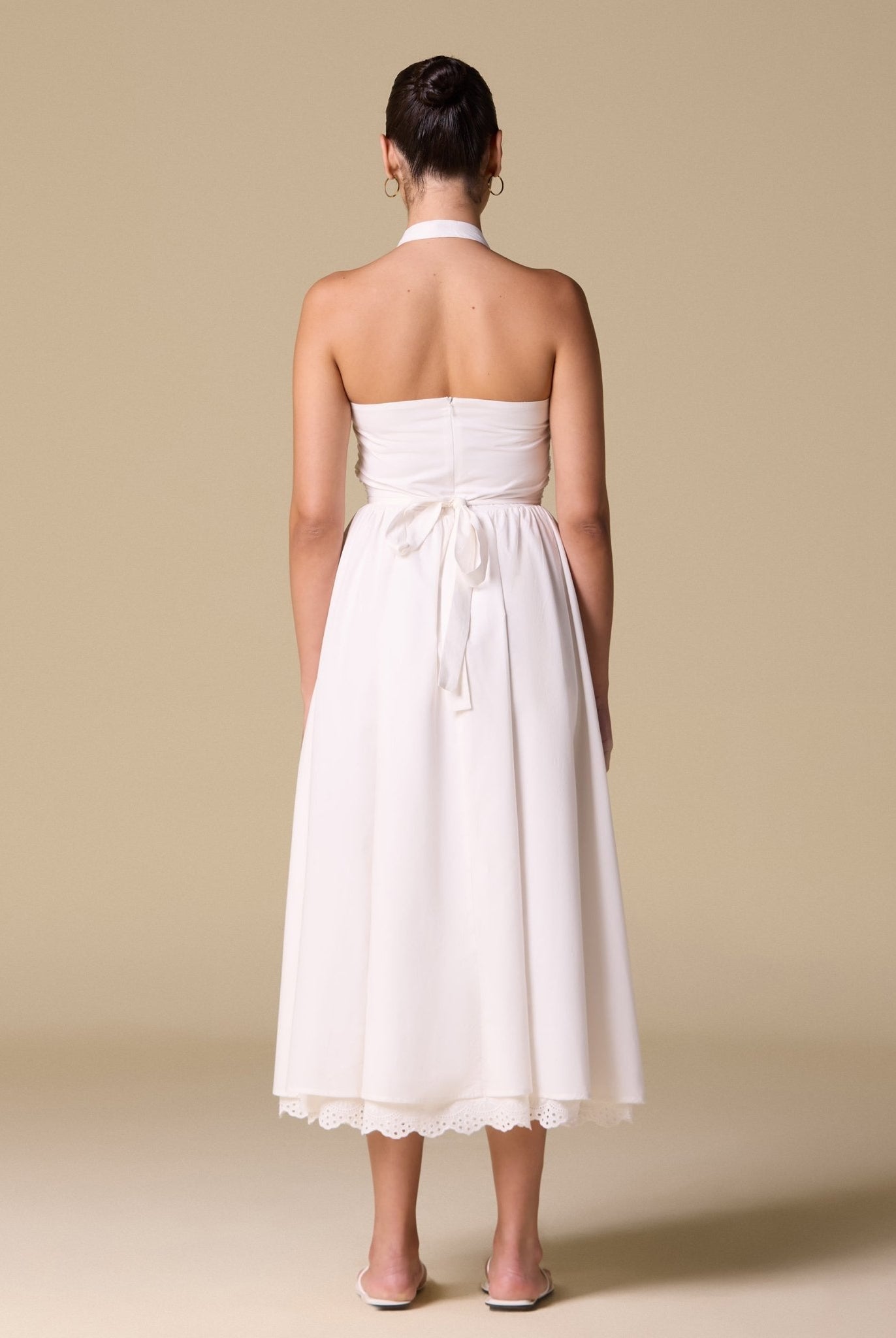 White Cotton Printed Lace Trim Halter Midi Dress - shopaleena
