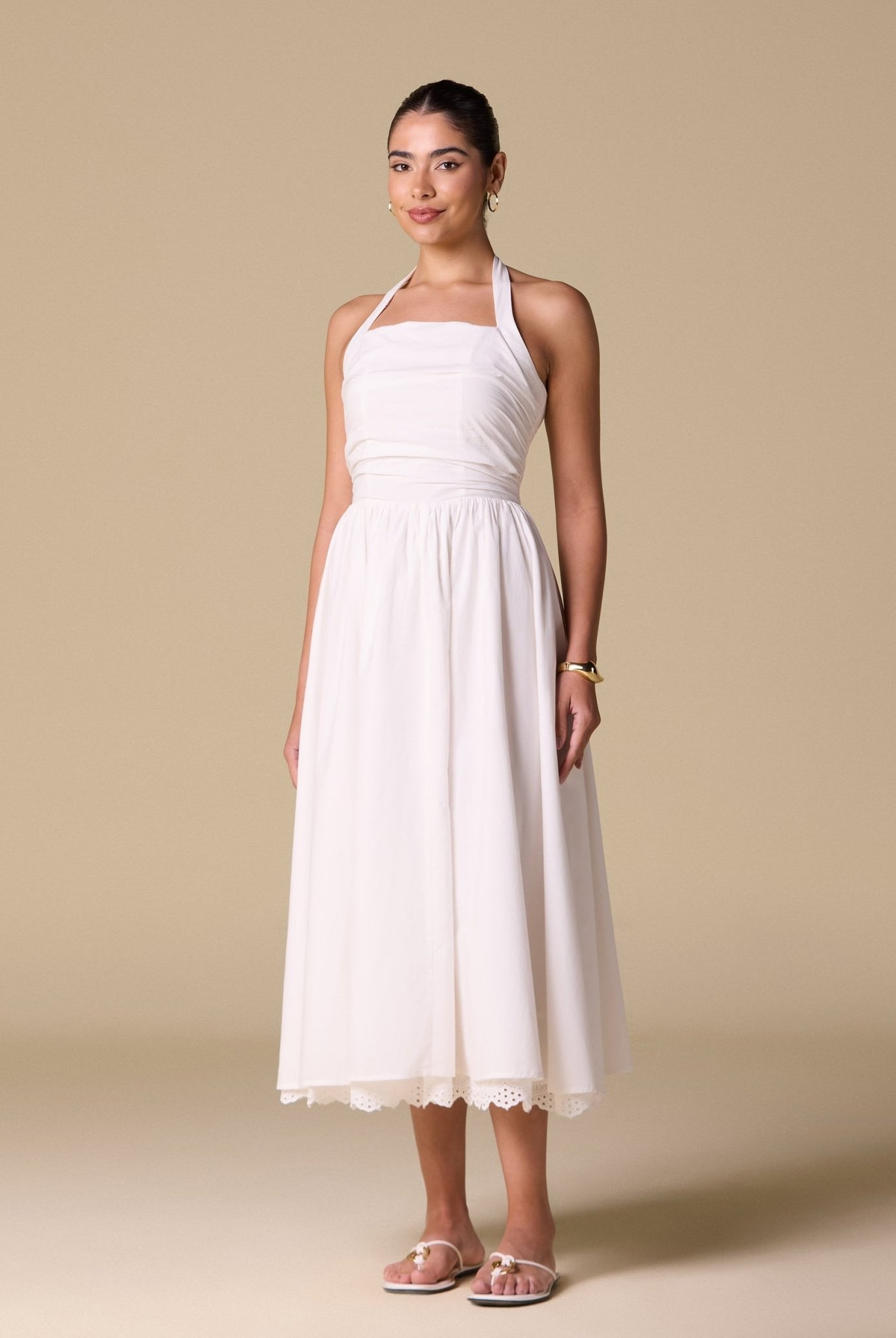 White Cotton Printed Lace Trim Halter Midi Dress - shopaleena