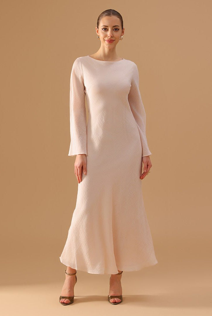 White Crepe Dress with Flared Long Sleeves - shopaleena