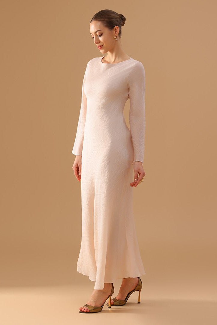 White Crepe Dress with Flared Long Sleeves - shopaleena