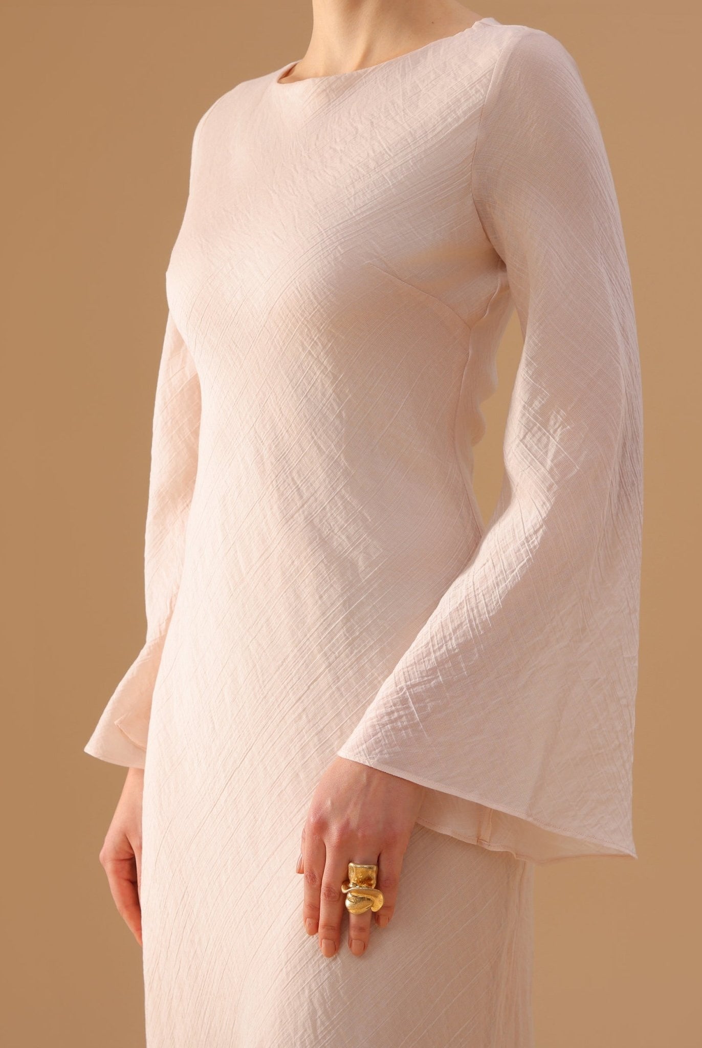 White Crepe Dress with Flared Long Sleeves - shopaleena