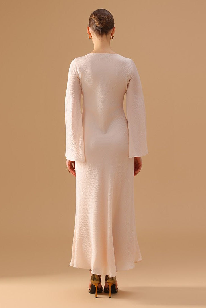 White Crepe Dress with Flared Long Sleeves - shopaleena