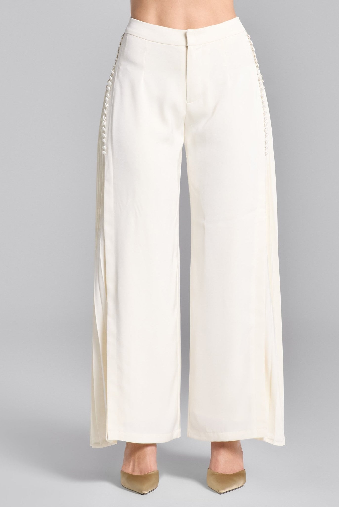 White Crepe Pants with Side Chiffon Godet - shopaleena