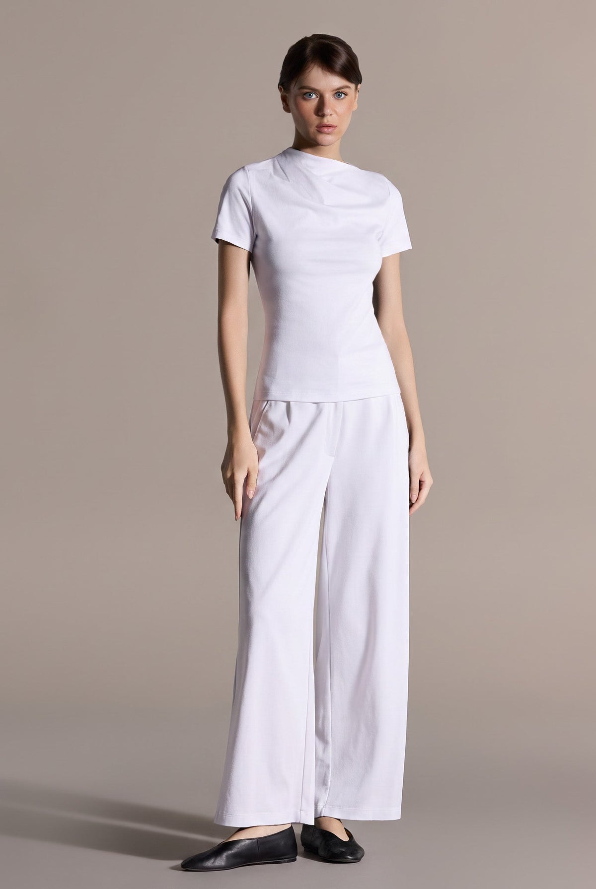 White Draped Top & Wide Leg Pants Cotton Set - shopaleena
