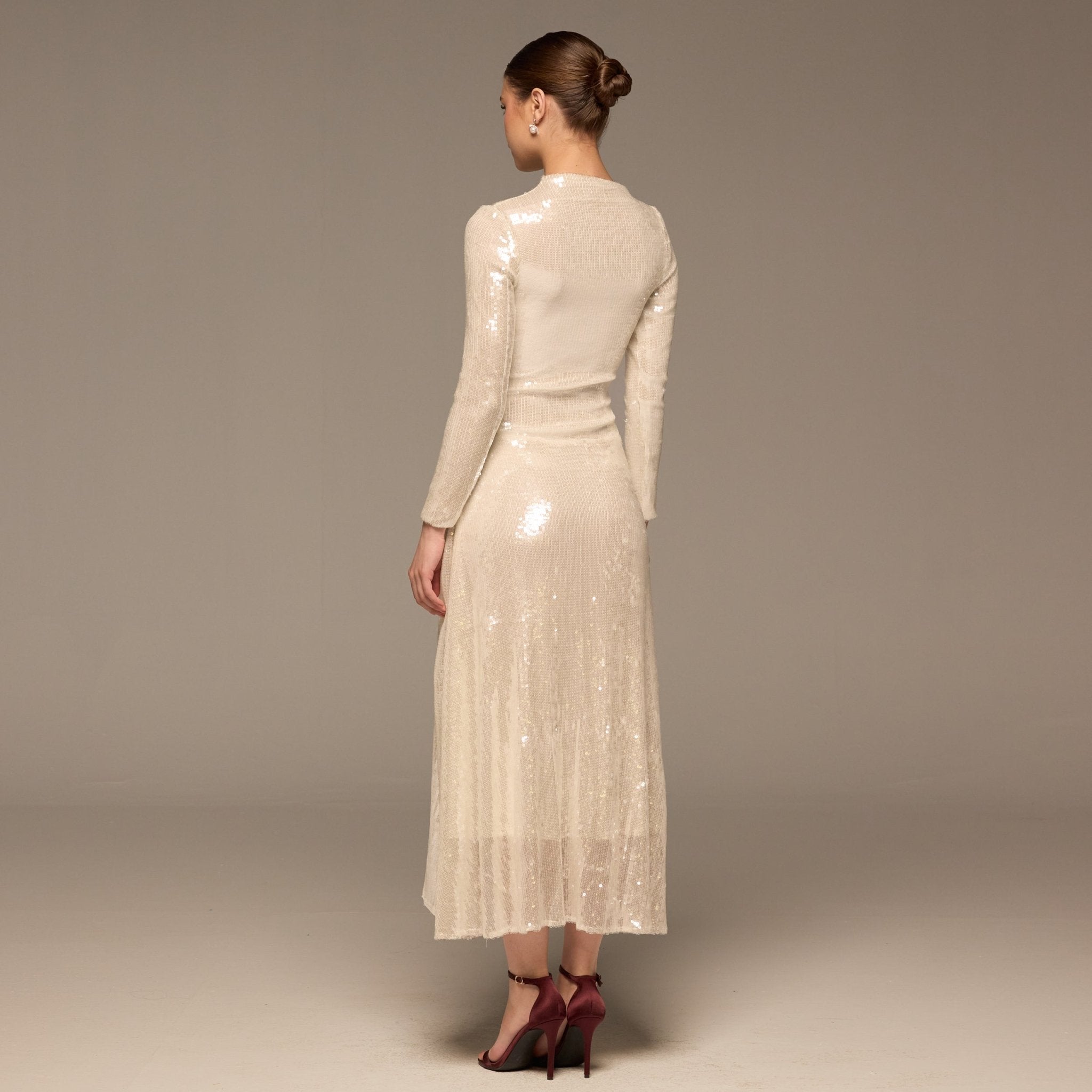 White Draped Waist Sequin Maxi Dress - shopaleena