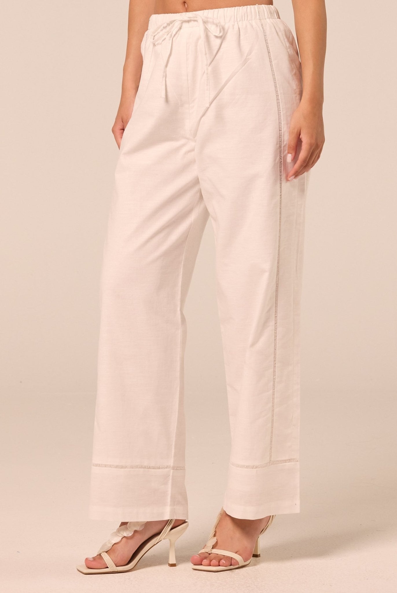 White Drawstring Cotton-Linen Pants - shopaleena