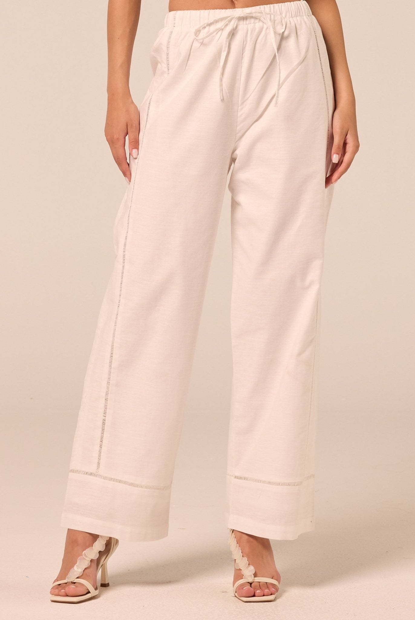 White Drawstring Cotton-Linen Pants - shopaleena