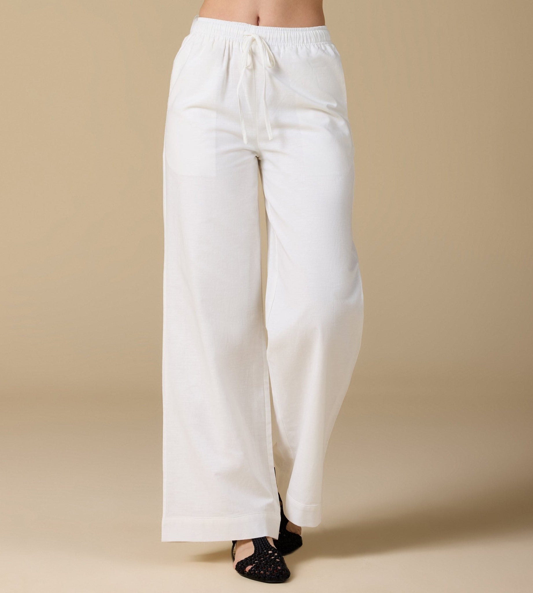 White Elastic Waistband Wide Leg Pants - shopaleena