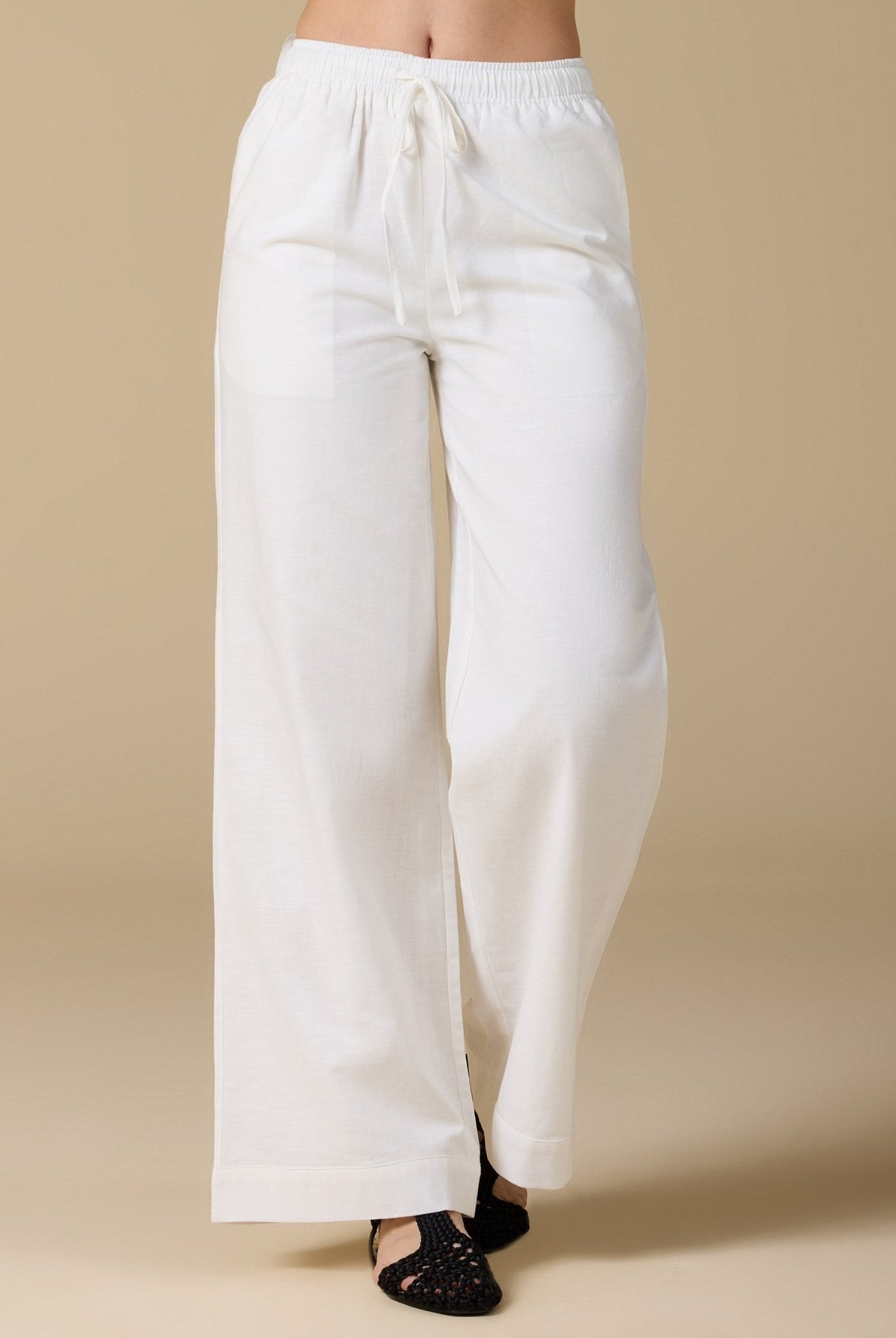 White Elastic Waistband Wide Leg Pants - shopaleena