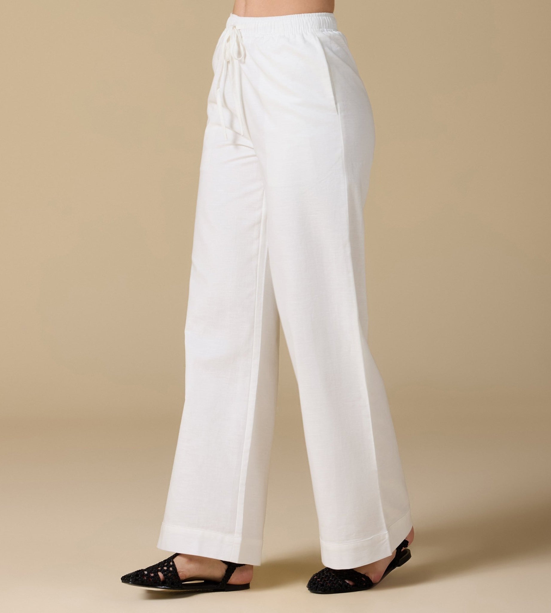 White Elastic Waistband Wide Leg Pants - shopaleena
