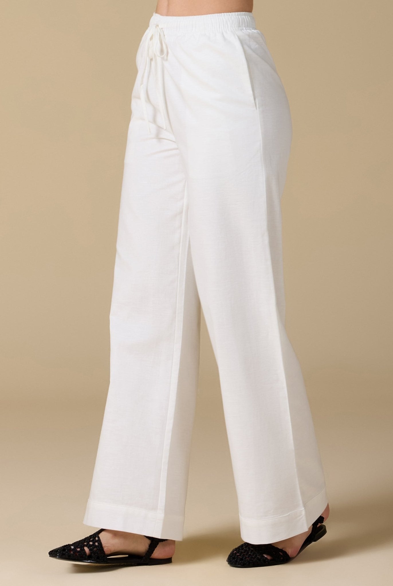 White Elastic Waistband Wide Leg Pants - shopaleena