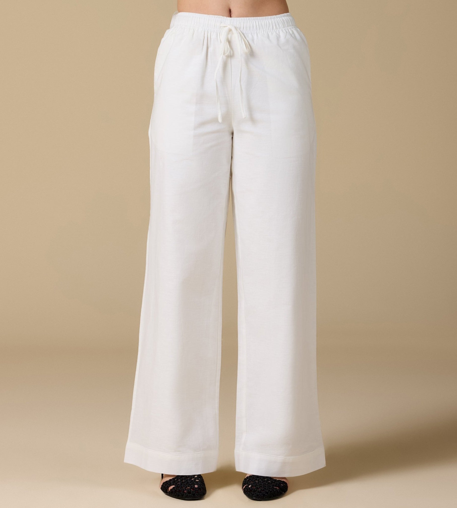 White Elastic Waistband Wide Leg Pants - shopaleena