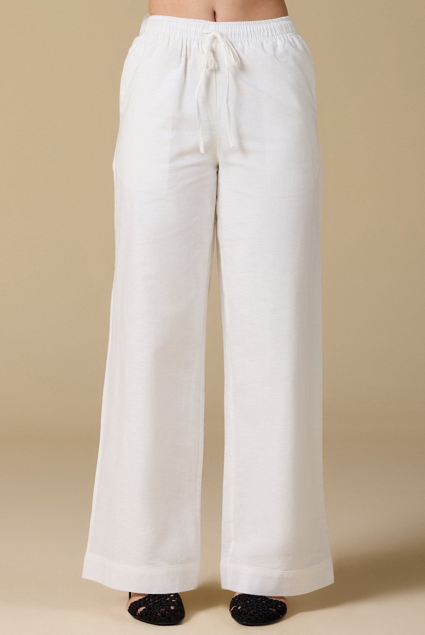 White Elastic Waistband Wide Leg Pants - shopaleena