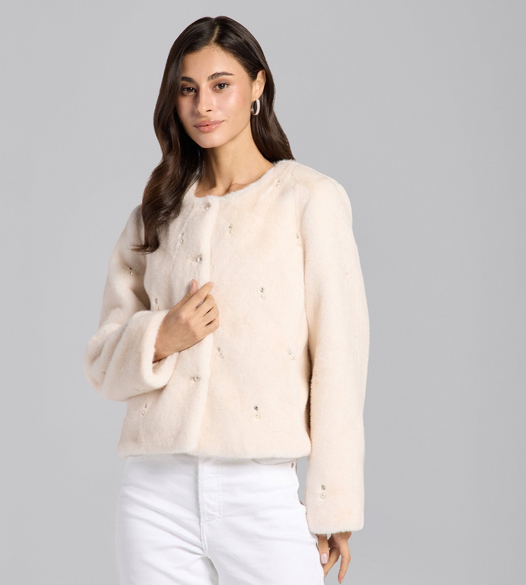 White Faux Mink Fur Pearl - Embellished Jacket - shopaleena