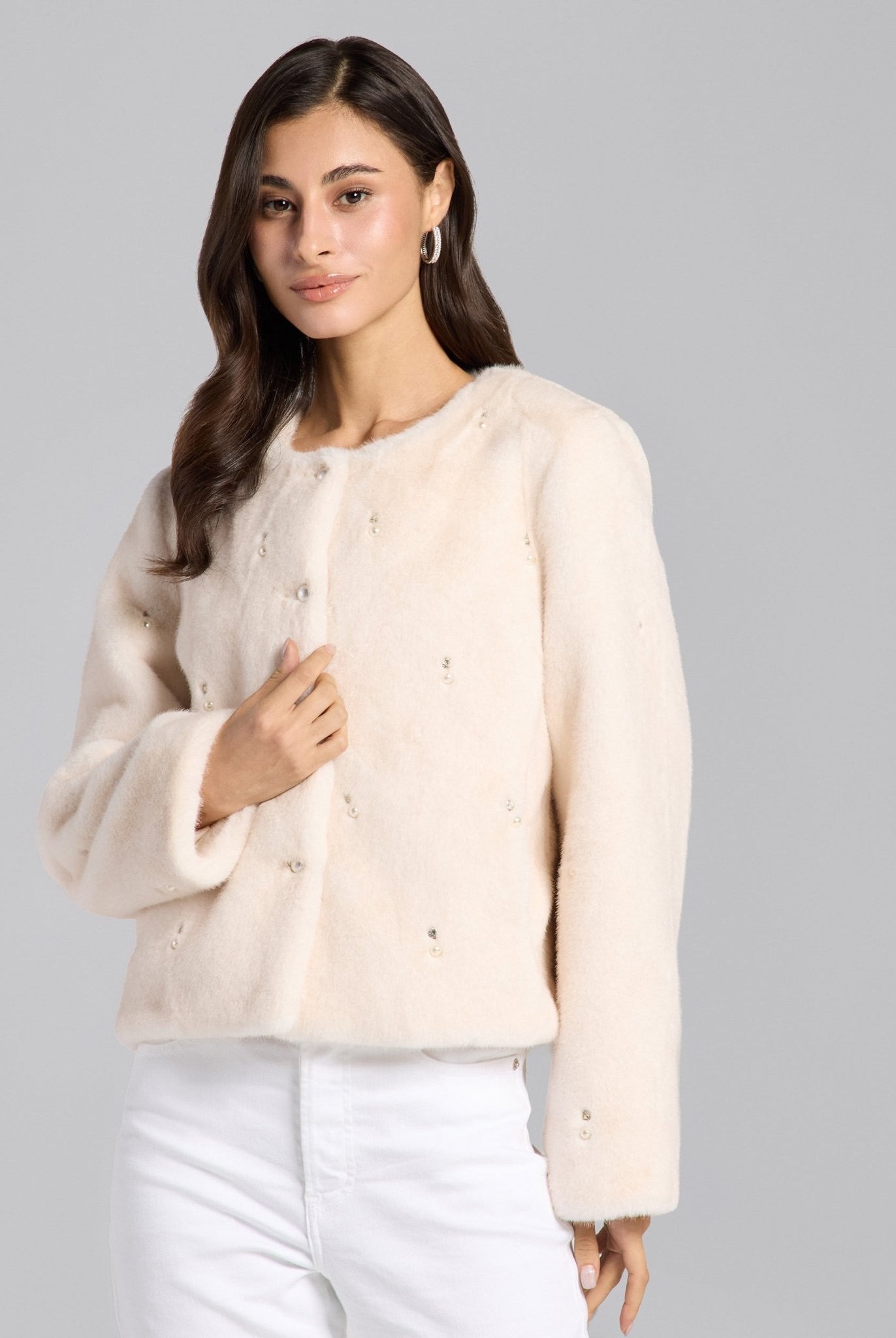 White Faux Mink Fur Pearl - Embellished Jacket - shopaleena