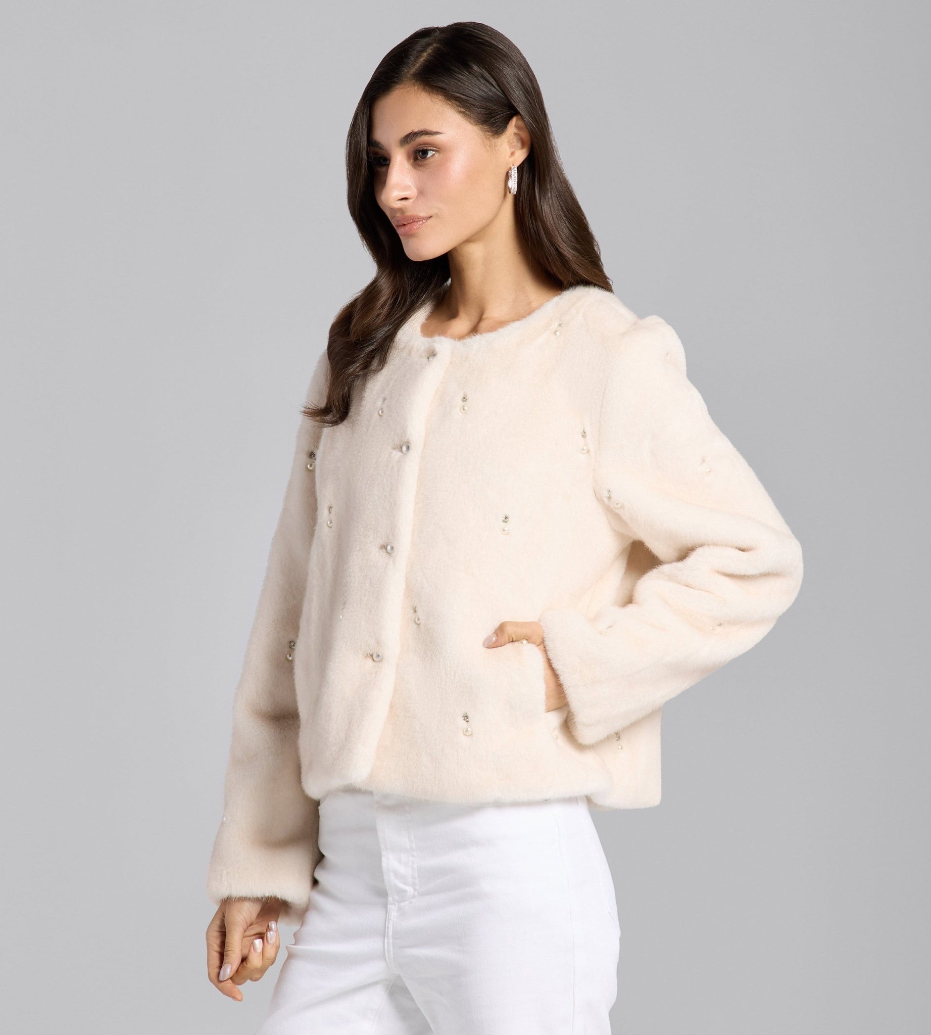 White Faux Mink Fur Pearl - Embellished Jacket - shopaleena