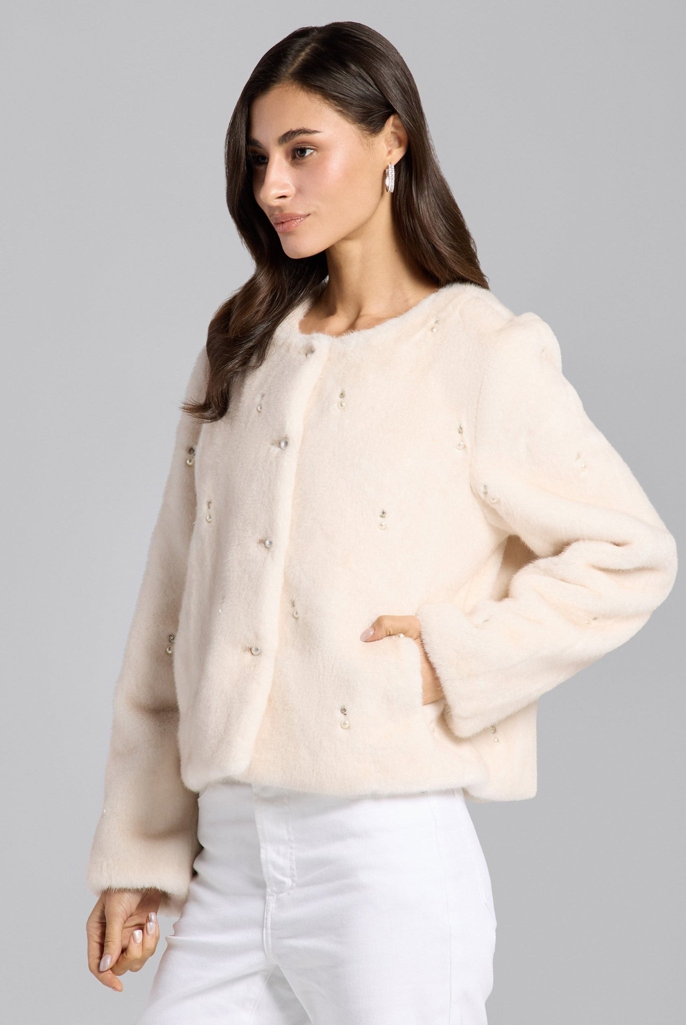 White Faux Mink Fur Pearl - Embellished Jacket - shopaleena
