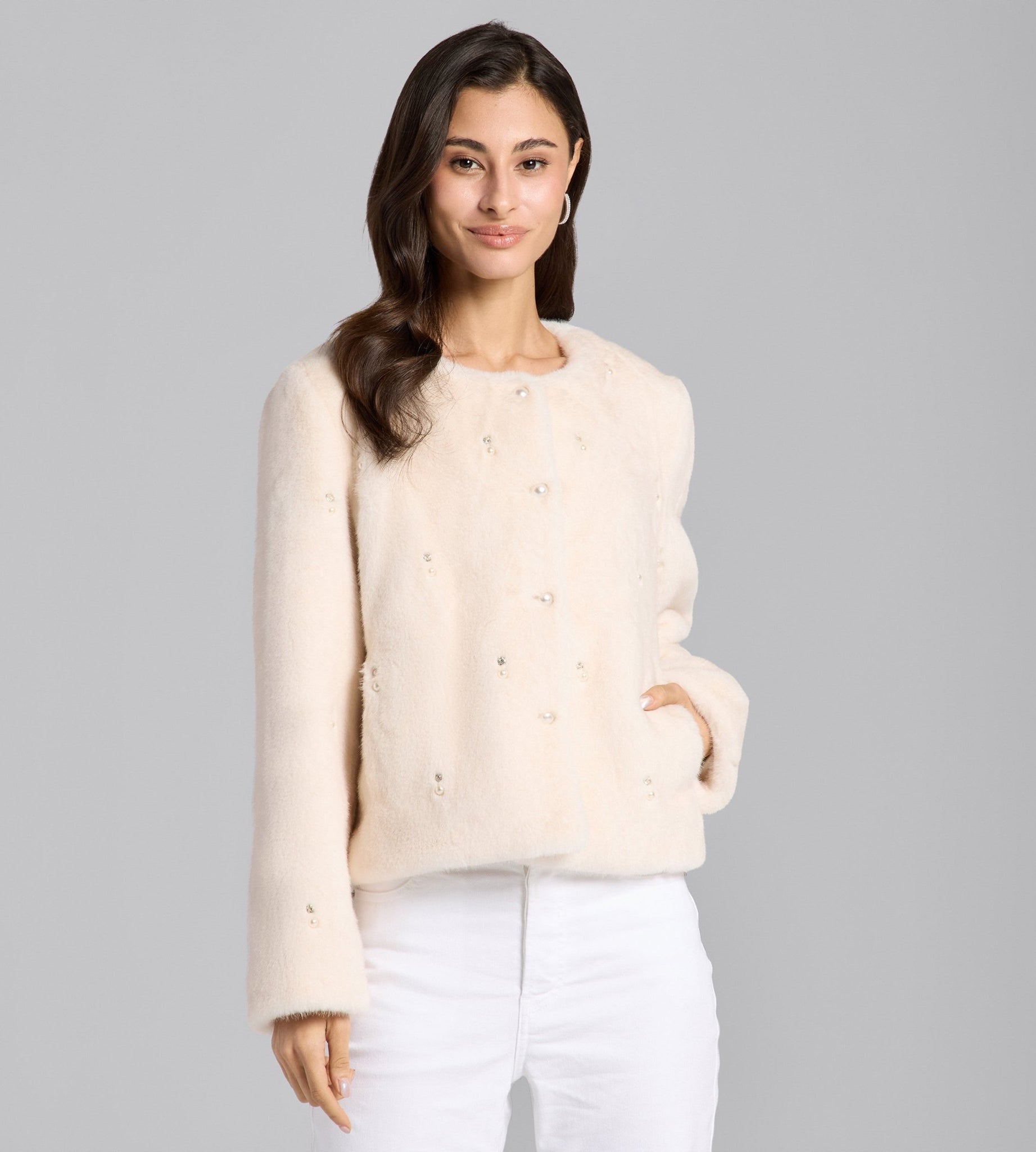 White Faux Mink Fur Pearl - Embellished Jacket - shopaleena