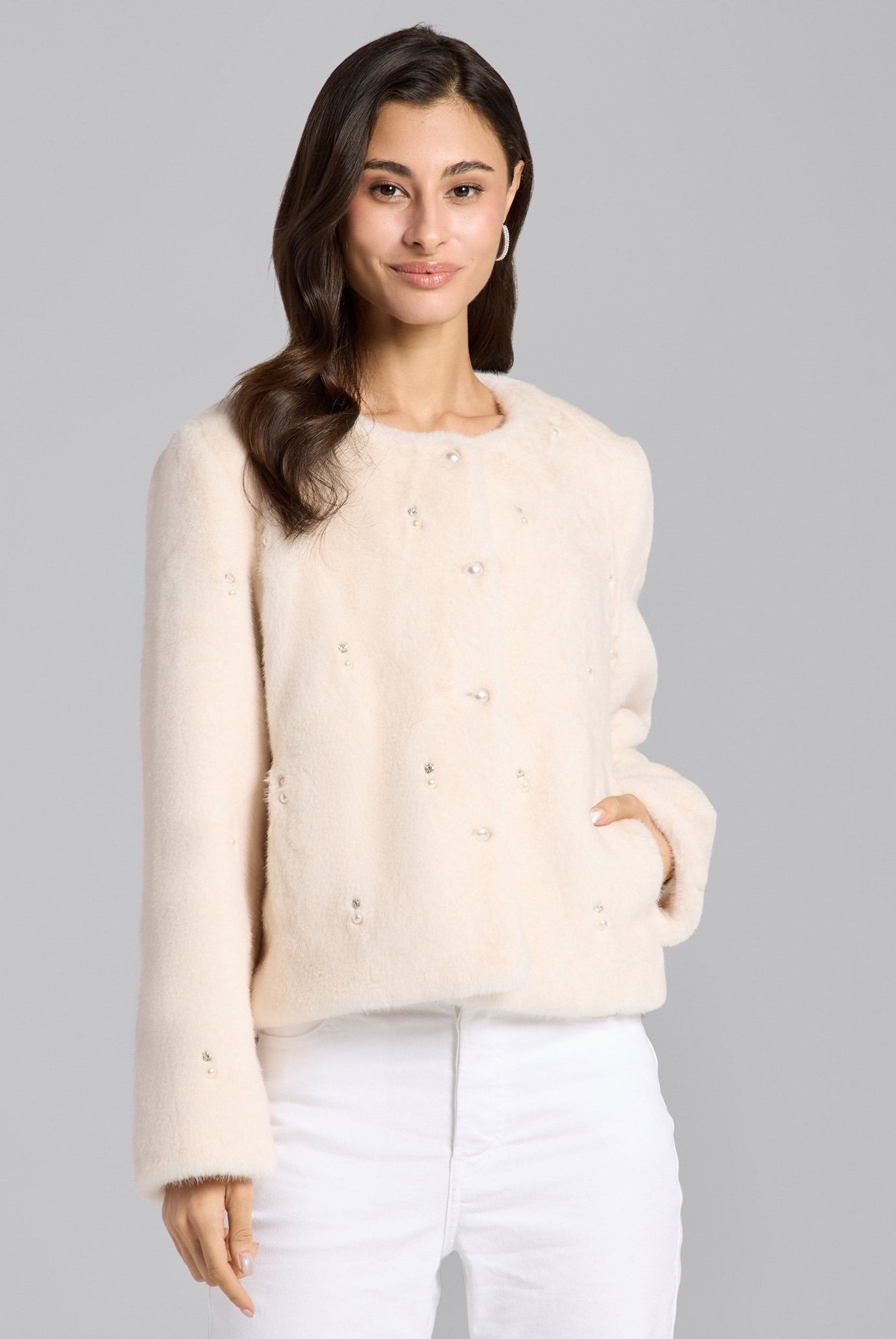 White Faux Mink Fur Pearl - Embellished Jacket - shopaleena