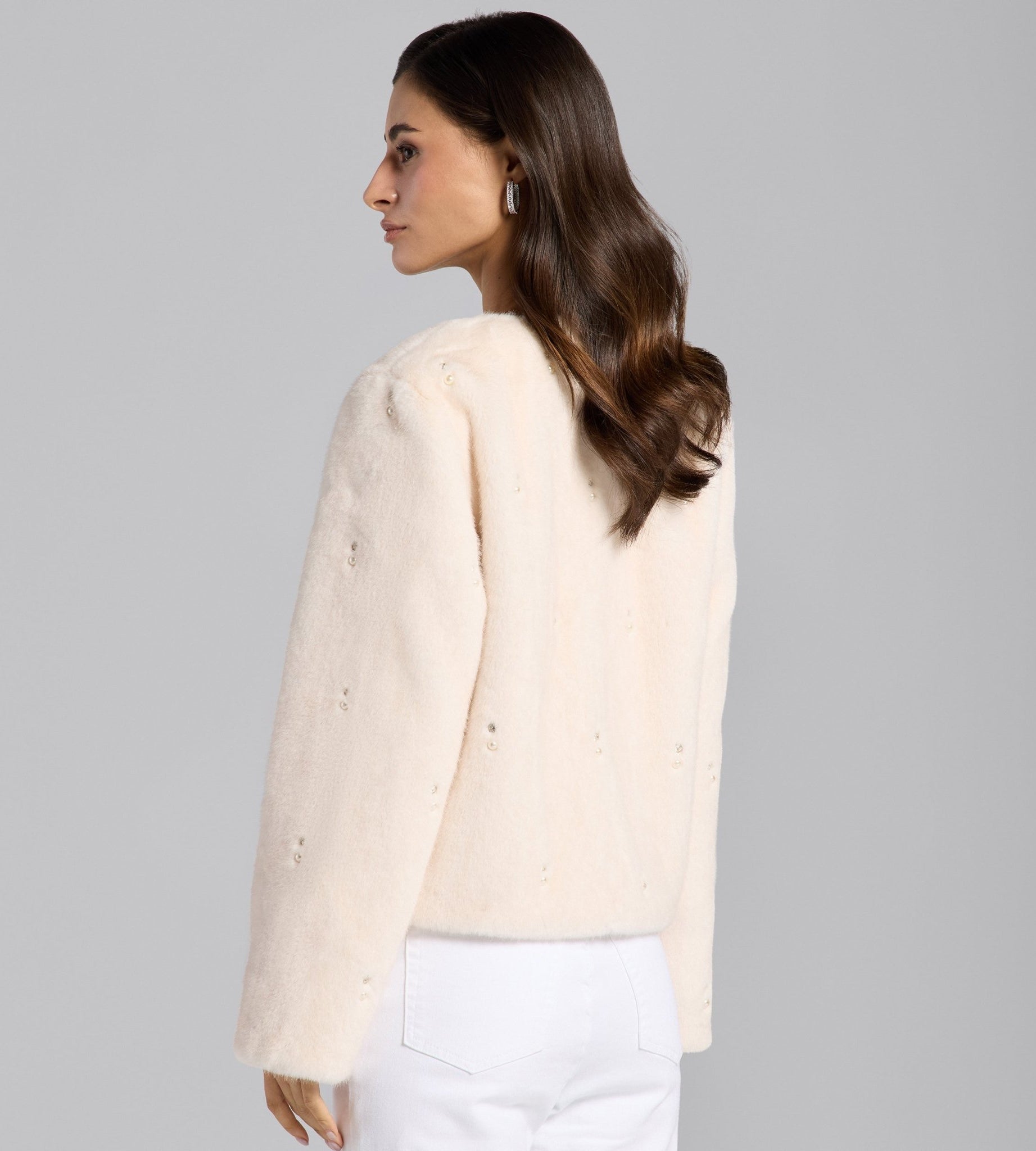 White Faux Mink Fur Pearl - Embellished Jacket - shopaleena