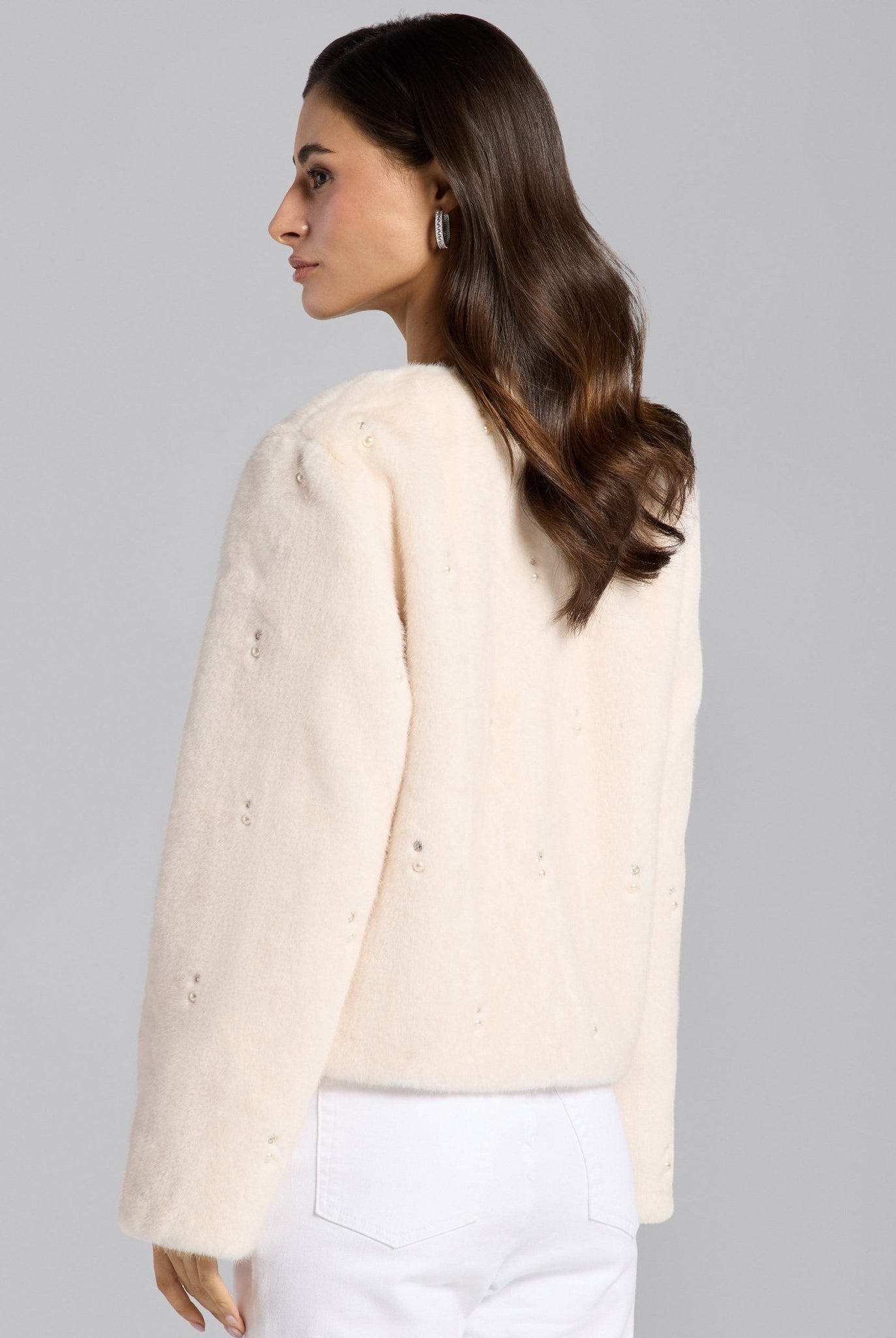 White Faux Mink Fur Pearl - Embellished Jacket - shopaleena