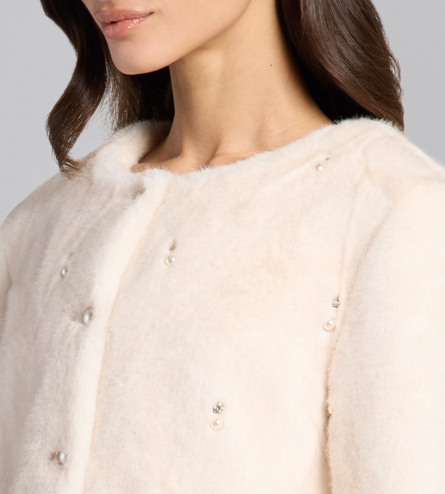 White Faux Mink Fur Pearl - Embellished Jacket - shopaleena