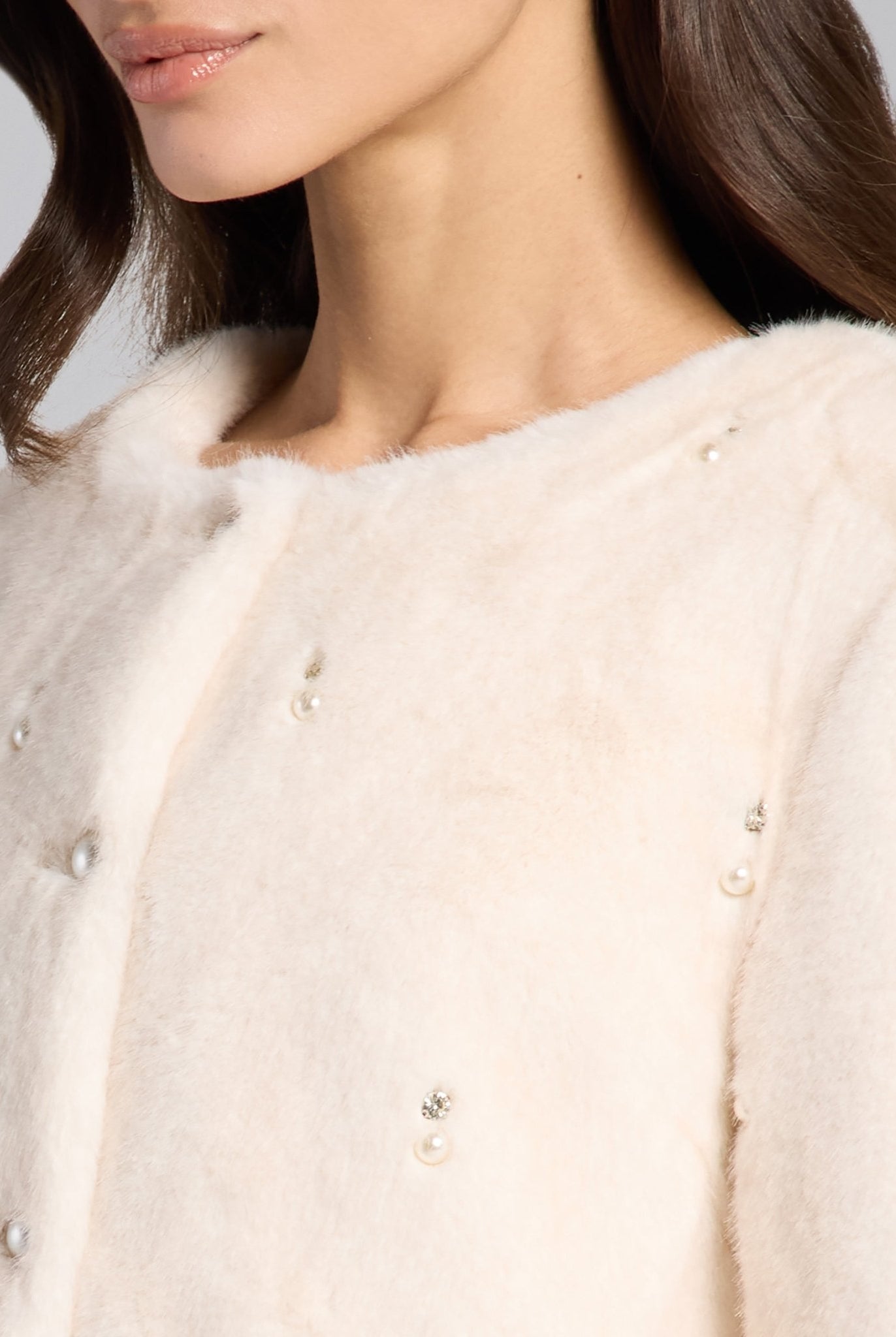 White Faux Mink Fur Pearl - Embellished Jacket - shopaleena